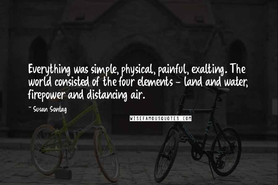 Susan Sontag Quotes: Everything was simple, physical, painful, exalting. The world consisted of the four elements - land and water, firepower and distancing air.