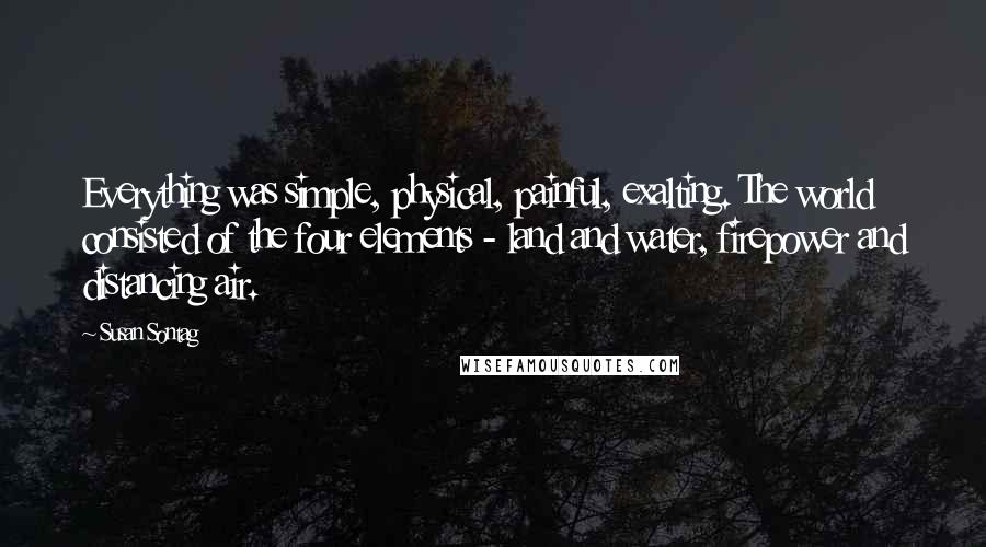 Susan Sontag Quotes: Everything was simple, physical, painful, exalting. The world consisted of the four elements - land and water, firepower and distancing air.