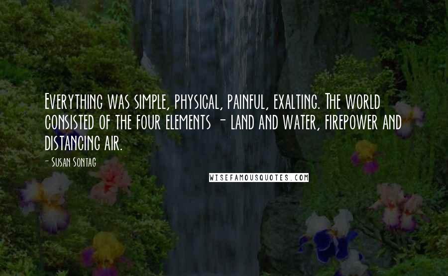 Susan Sontag Quotes: Everything was simple, physical, painful, exalting. The world consisted of the four elements - land and water, firepower and distancing air.