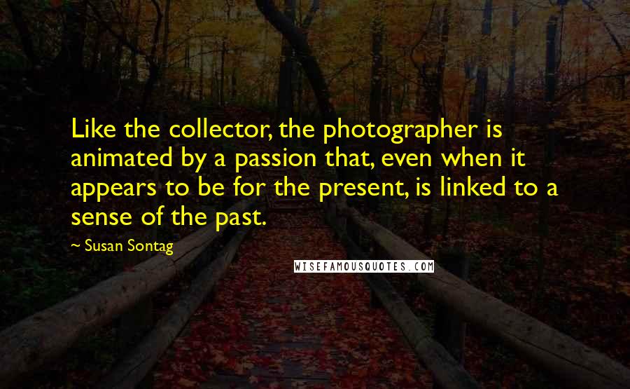 Susan Sontag Quotes: Like the collector, the photographer is animated by a passion that, even when it appears to be for the present, is linked to a sense of the past.