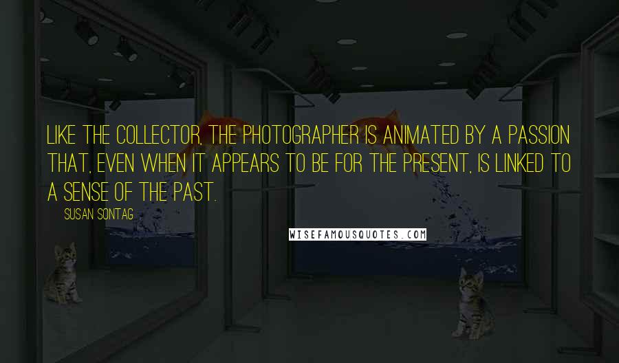 Susan Sontag Quotes: Like the collector, the photographer is animated by a passion that, even when it appears to be for the present, is linked to a sense of the past.