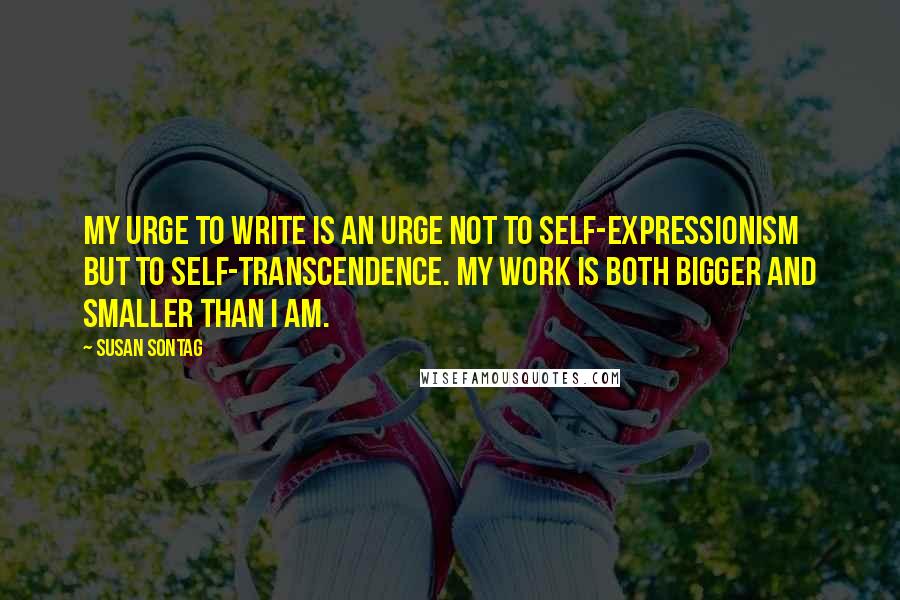 Susan Sontag Quotes: My urge to write is an urge not to self-expressionism but to self-transcendence. My work is both bigger and smaller than I am.