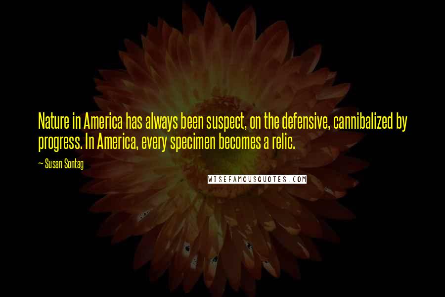 Susan Sontag Quotes: Nature in America has always been suspect, on the defensive, cannibalized by progress. In America, every specimen becomes a relic.