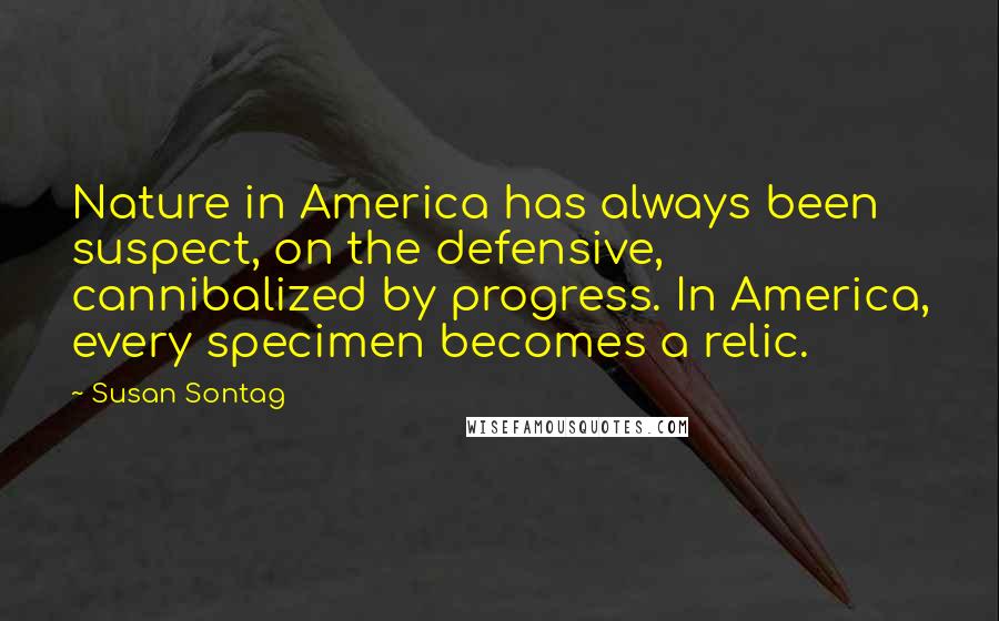 Susan Sontag Quotes: Nature in America has always been suspect, on the defensive, cannibalized by progress. In America, every specimen becomes a relic.