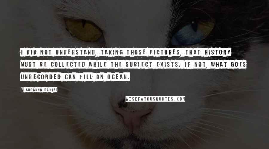 Susanna Daniel Quotes: I did not understand, taking those pictures, that history must be collected while the subject exists. If not, what goes unrecorded can fill an ocean.