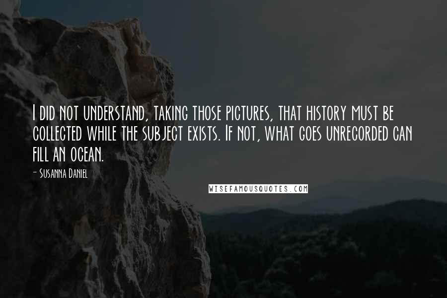 Susanna Daniel Quotes: I did not understand, taking those pictures, that history must be collected while the subject exists. If not, what goes unrecorded can fill an ocean.