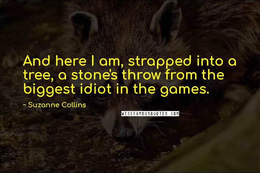 Suzanne Collins Quotes: And here I am, strapped into a tree, a stone's throw from the biggest idiot in the games.