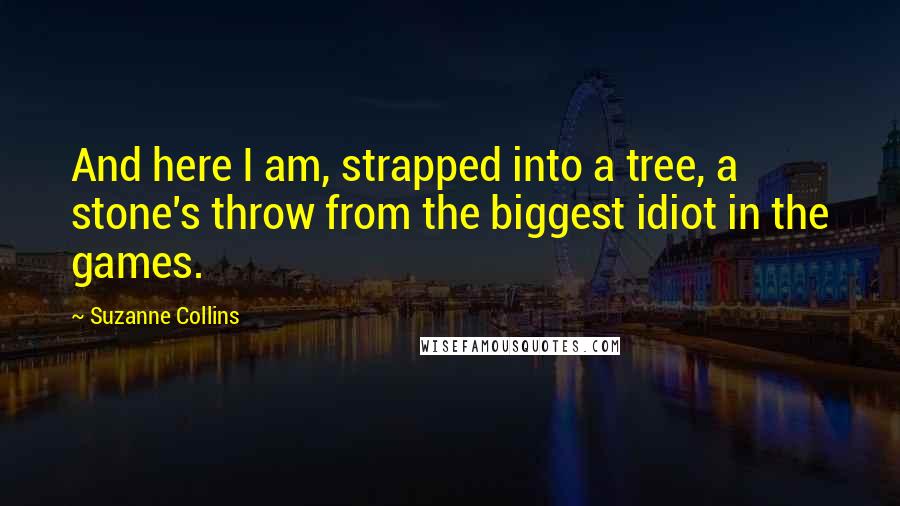 Suzanne Collins Quotes: And here I am, strapped into a tree, a stone's throw from the biggest idiot in the games.