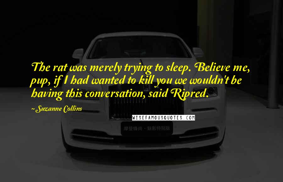Suzanne Collins Quotes: The rat was merely trying to sleep. Believe me, pup, if I had wanted to kill you we wouldn't be having this conversation, said Ripred.