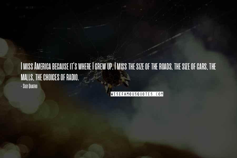 Suzi Quatro Quotes: I miss America because it's where I grew up. I miss the size of the roads, the size of cars, the malls, the choices of radio.