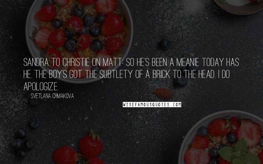 Svetlana Chmakova Quotes: Sandra to Christie on Matt: So he's been a meanie today has he. The boy's got the subtlety of a brick to the head. I do apologize.