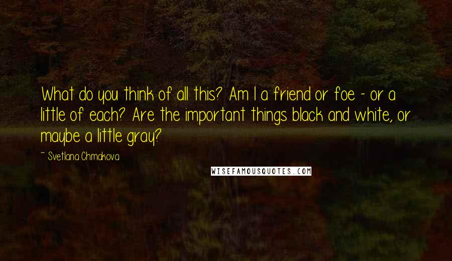 Svetlana Chmakova Quotes: What do you think of all this? Am I a friend or foe - or a little of each? Are the important things black and white, or maybe a little gray?