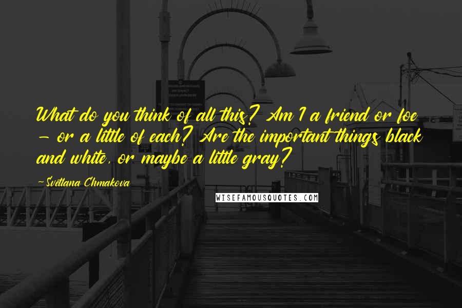 Svetlana Chmakova Quotes: What do you think of all this? Am I a friend or foe - or a little of each? Are the important things black and white, or maybe a little gray?