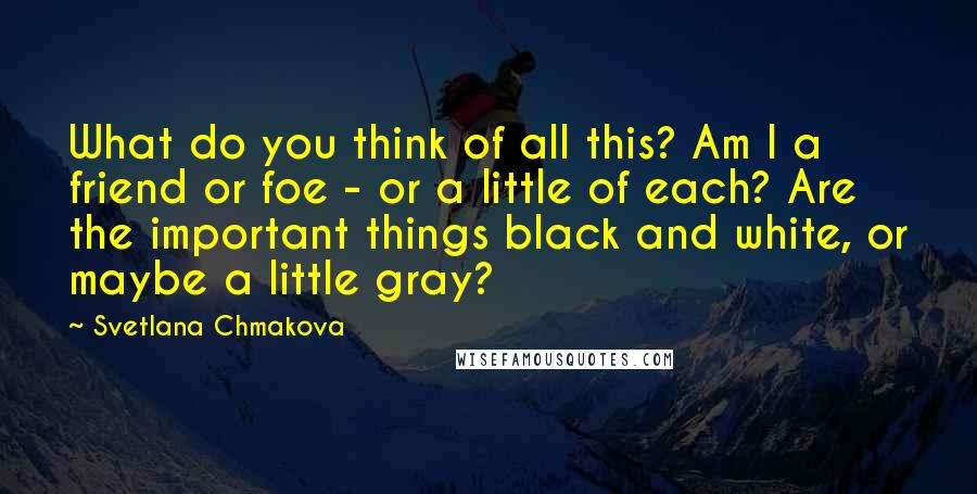 Svetlana Chmakova Quotes: What do you think of all this? Am I a friend or foe - or a little of each? Are the important things black and white, or maybe a little gray?