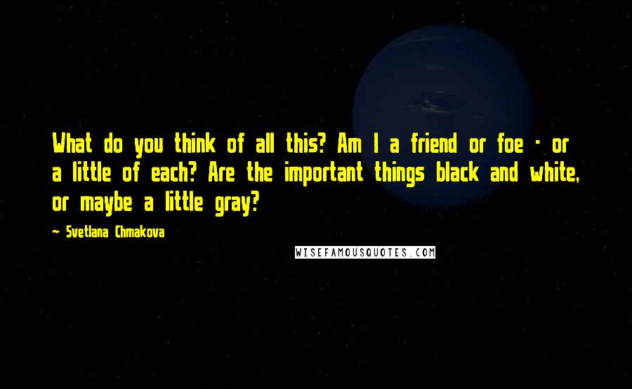 Svetlana Chmakova Quotes: What do you think of all this? Am I a friend or foe - or a little of each? Are the important things black and white, or maybe a little gray?