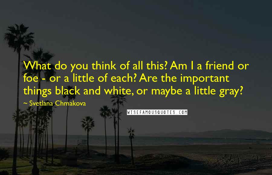 Svetlana Chmakova Quotes: What do you think of all this? Am I a friend or foe - or a little of each? Are the important things black and white, or maybe a little gray?