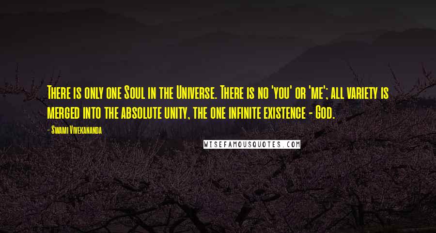 Swami Vivekananda Quotes: There is only one Soul in the Universe. There is no 'you' or 'me'; all variety is merged into the absolute unity, the one infinite existence - God.