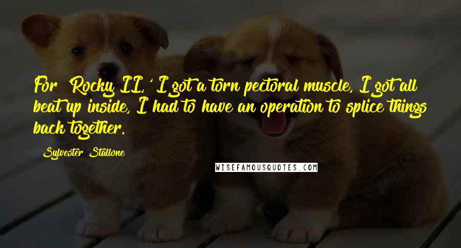 Sylvester Stallone Quotes: For 'Rocky II,' I got a torn pectoral muscle, I got all beat up inside, I had to have an operation to splice things back together.