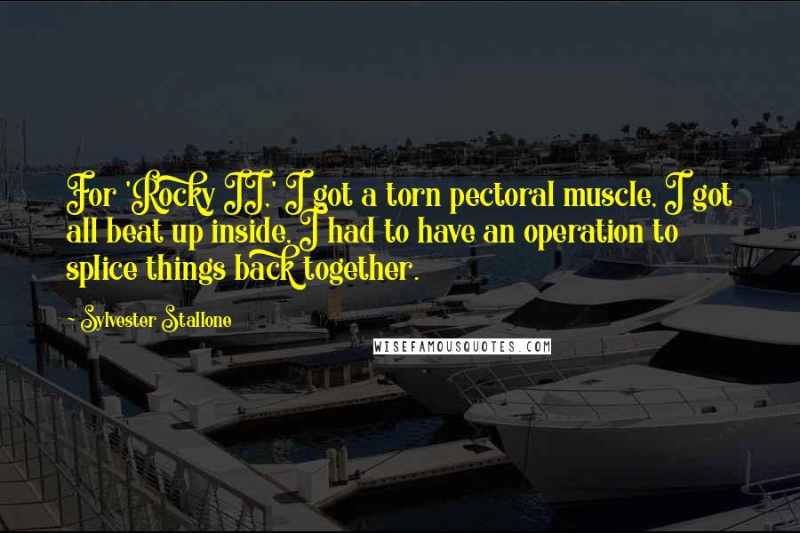 Sylvester Stallone Quotes: For 'Rocky II,' I got a torn pectoral muscle, I got all beat up inside, I had to have an operation to splice things back together.