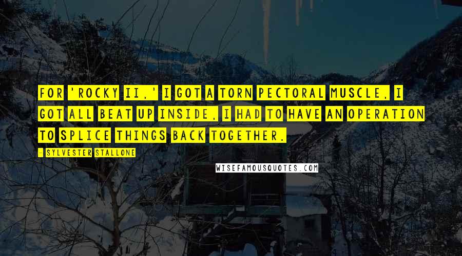 Sylvester Stallone Quotes: For 'Rocky II,' I got a torn pectoral muscle, I got all beat up inside, I had to have an operation to splice things back together.