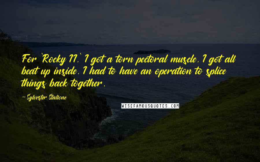 Sylvester Stallone Quotes: For 'Rocky II,' I got a torn pectoral muscle, I got all beat up inside, I had to have an operation to splice things back together.
