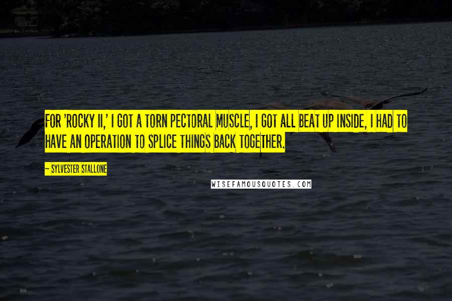 Sylvester Stallone Quotes: For 'Rocky II,' I got a torn pectoral muscle, I got all beat up inside, I had to have an operation to splice things back together.