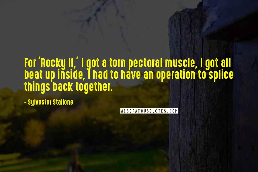 Sylvester Stallone Quotes: For 'Rocky II,' I got a torn pectoral muscle, I got all beat up inside, I had to have an operation to splice things back together.