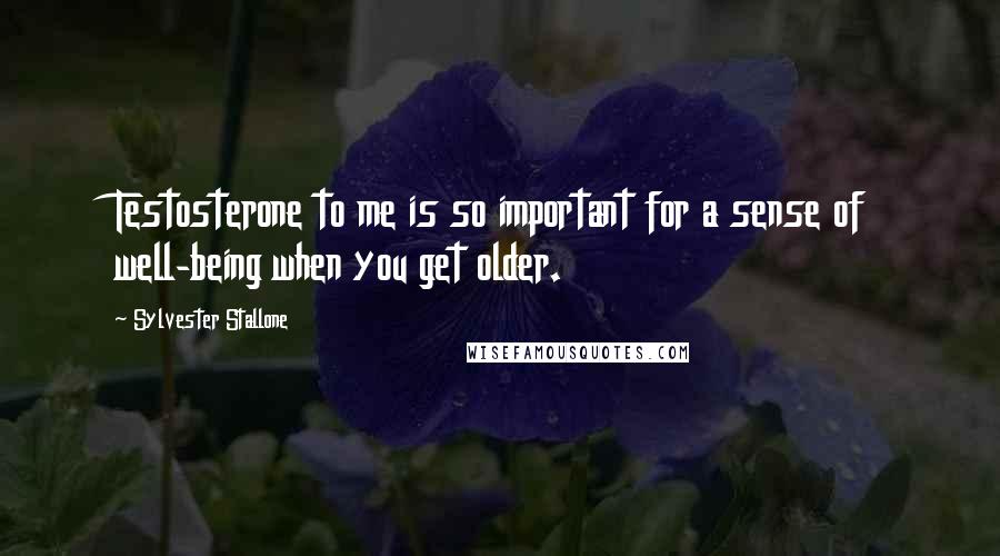 Sylvester Stallone Quotes: Testosterone to me is so important for a sense of well-being when you get older.