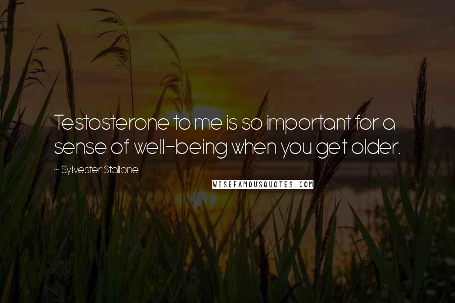 Sylvester Stallone Quotes: Testosterone to me is so important for a sense of well-being when you get older.