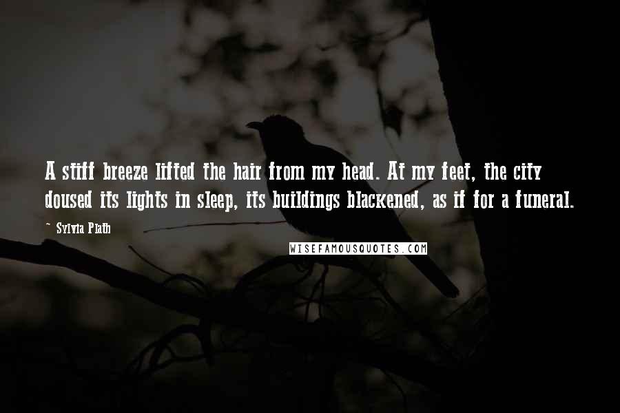 Sylvia Plath Quotes: A stiff breeze lifted the hair from my head. At my feet, the city doused its lights in sleep, its buildings blackened, as if for a funeral.