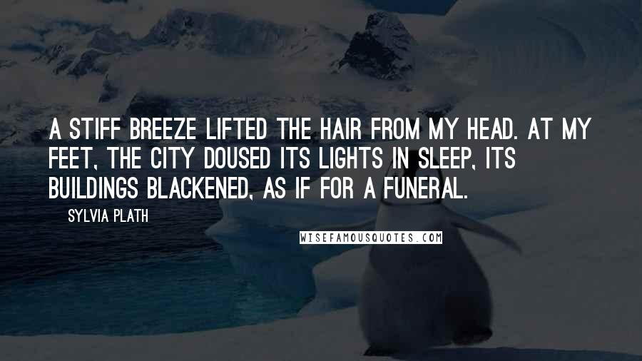 Sylvia Plath Quotes: A stiff breeze lifted the hair from my head. At my feet, the city doused its lights in sleep, its buildings blackened, as if for a funeral.
