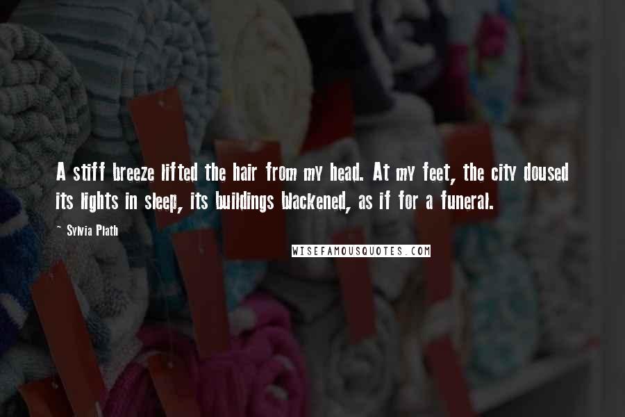 Sylvia Plath Quotes: A stiff breeze lifted the hair from my head. At my feet, the city doused its lights in sleep, its buildings blackened, as if for a funeral.