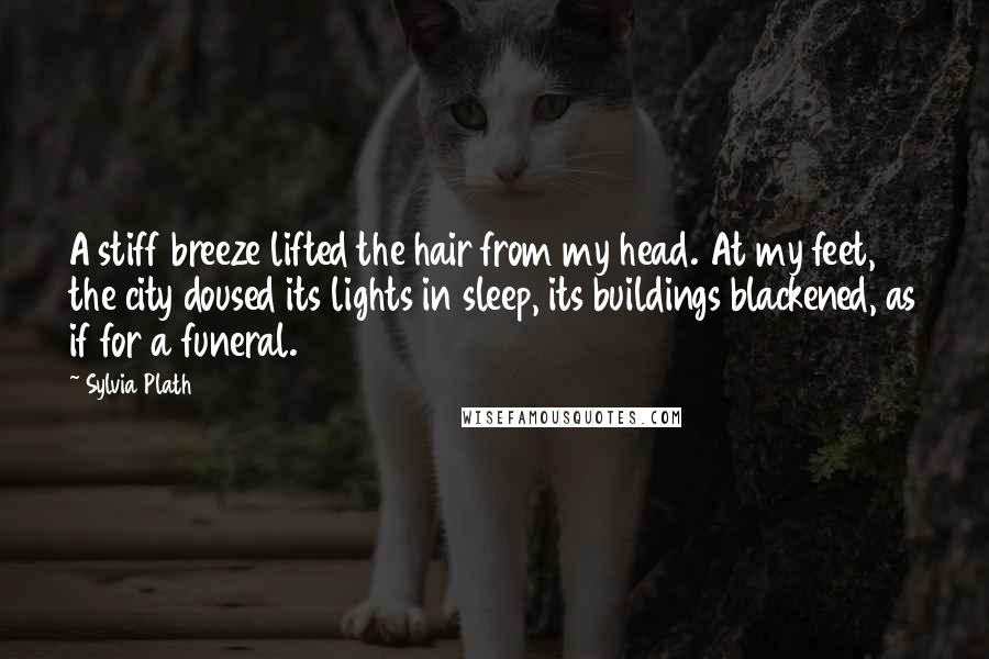 Sylvia Plath Quotes: A stiff breeze lifted the hair from my head. At my feet, the city doused its lights in sleep, its buildings blackened, as if for a funeral.