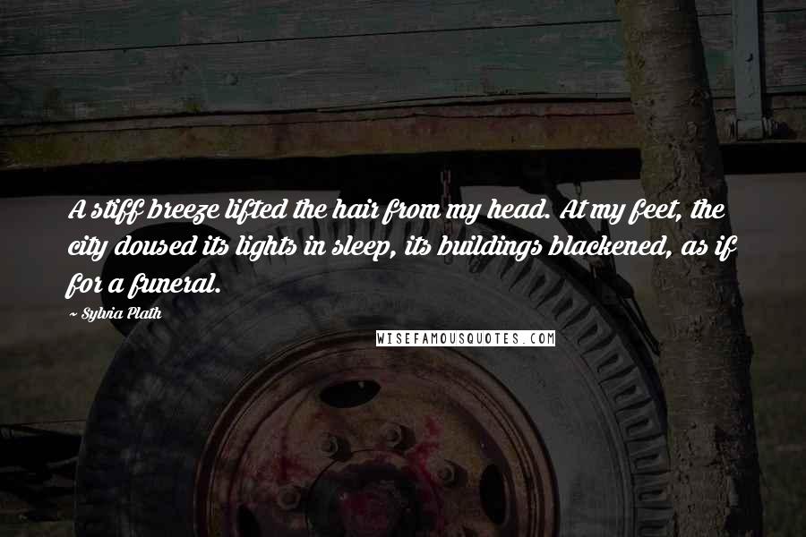 Sylvia Plath Quotes: A stiff breeze lifted the hair from my head. At my feet, the city doused its lights in sleep, its buildings blackened, as if for a funeral.