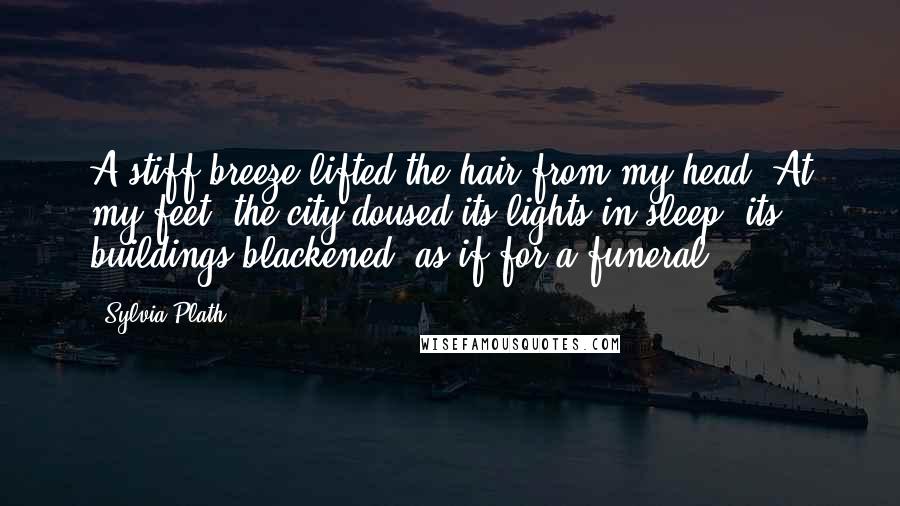 Sylvia Plath Quotes: A stiff breeze lifted the hair from my head. At my feet, the city doused its lights in sleep, its buildings blackened, as if for a funeral.