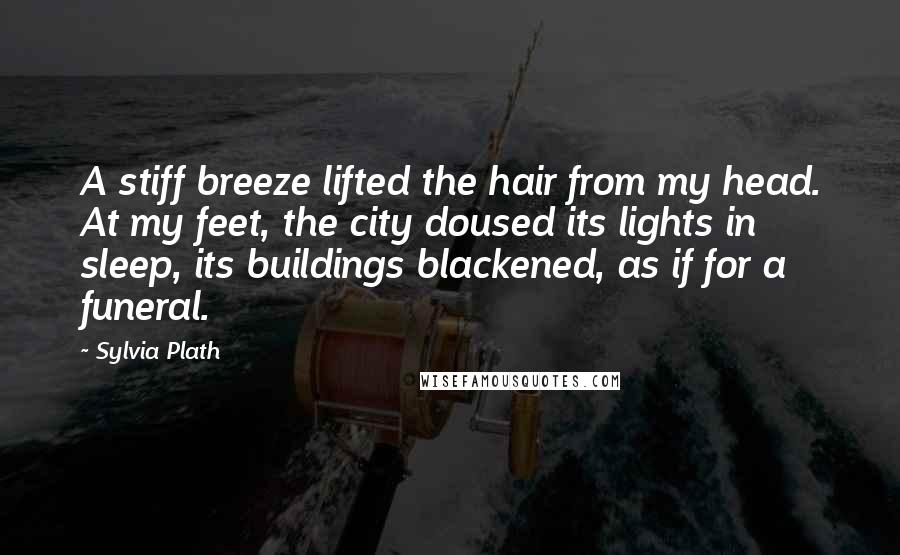 Sylvia Plath Quotes: A stiff breeze lifted the hair from my head. At my feet, the city doused its lights in sleep, its buildings blackened, as if for a funeral.