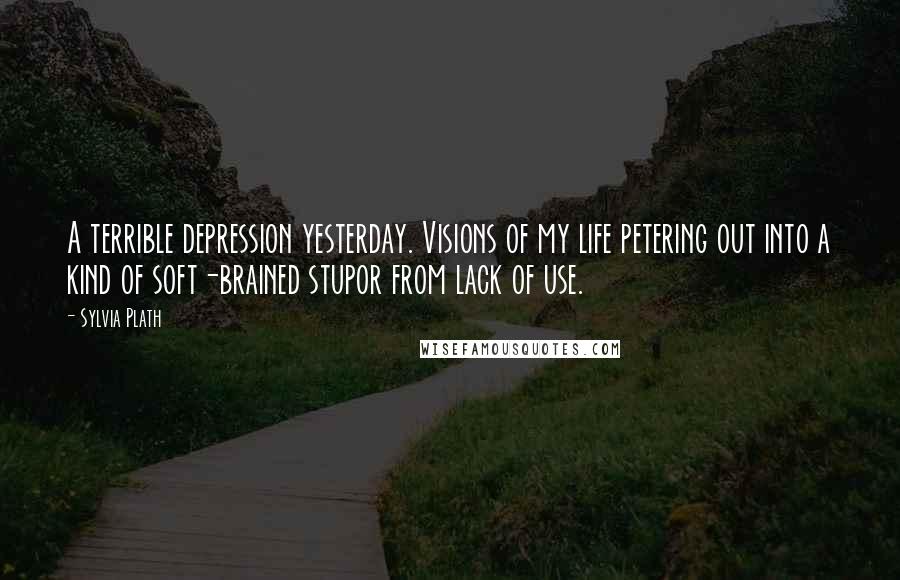 Sylvia Plath Quotes: A terrible depression yesterday. Visions of my life petering out into a kind of soft-brained stupor from lack of use.