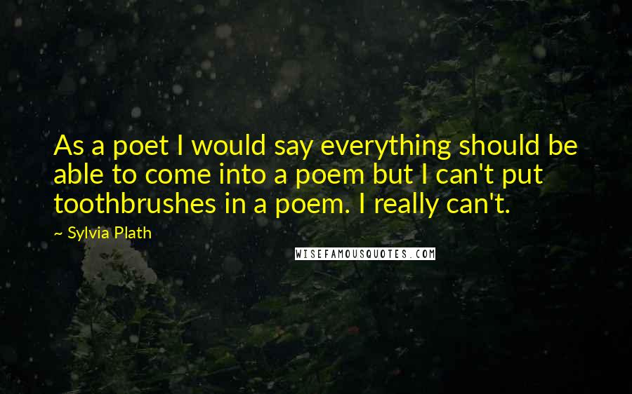 Sylvia Plath Quotes: As a poet I would say everything should be able to come into a poem but I can't put toothbrushes in a poem. I really can't.