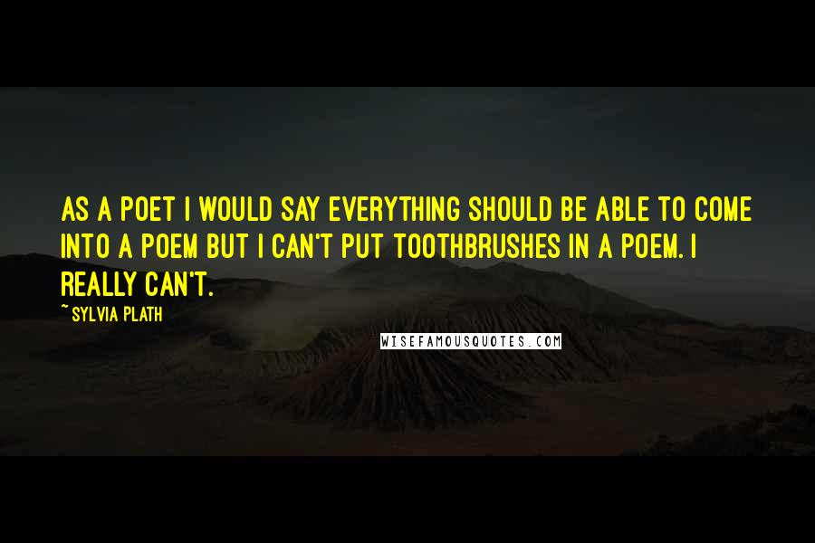 Sylvia Plath Quotes: As a poet I would say everything should be able to come into a poem but I can't put toothbrushes in a poem. I really can't.