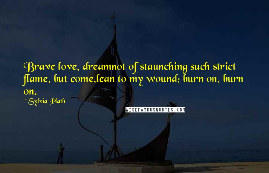 Sylvia Plath Quotes: Brave love, dreamnot of staunching such strict flame, but come,lean to my wound; burn on, burn on.
