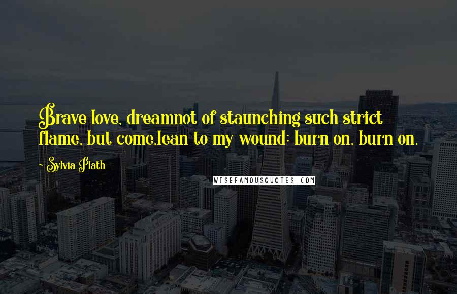 Sylvia Plath Quotes: Brave love, dreamnot of staunching such strict flame, but come,lean to my wound; burn on, burn on.