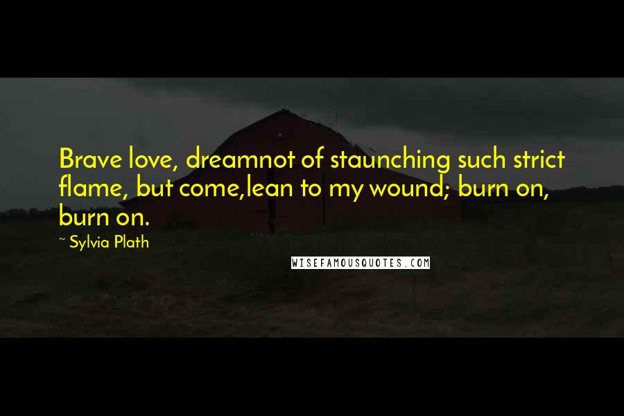 Sylvia Plath Quotes: Brave love, dreamnot of staunching such strict flame, but come,lean to my wound; burn on, burn on.