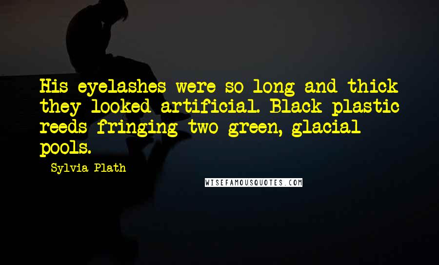 Sylvia Plath Quotes: His eyelashes were so long and thick they looked artificial. Black plastic reeds fringing two green, glacial pools.