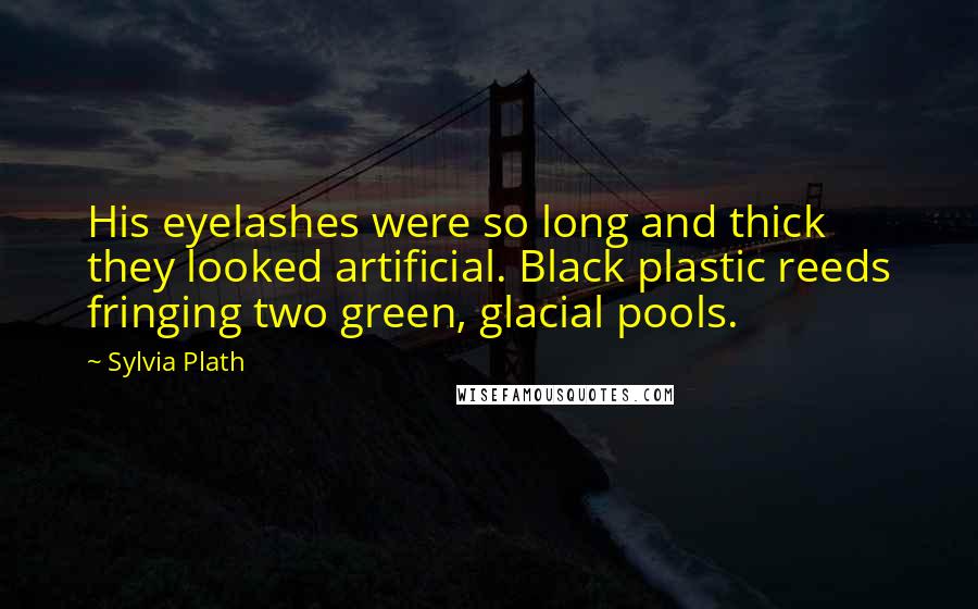 Sylvia Plath Quotes: His eyelashes were so long and thick they looked artificial. Black plastic reeds fringing two green, glacial pools.