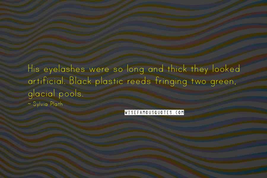 Sylvia Plath Quotes: His eyelashes were so long and thick they looked artificial. Black plastic reeds fringing two green, glacial pools.