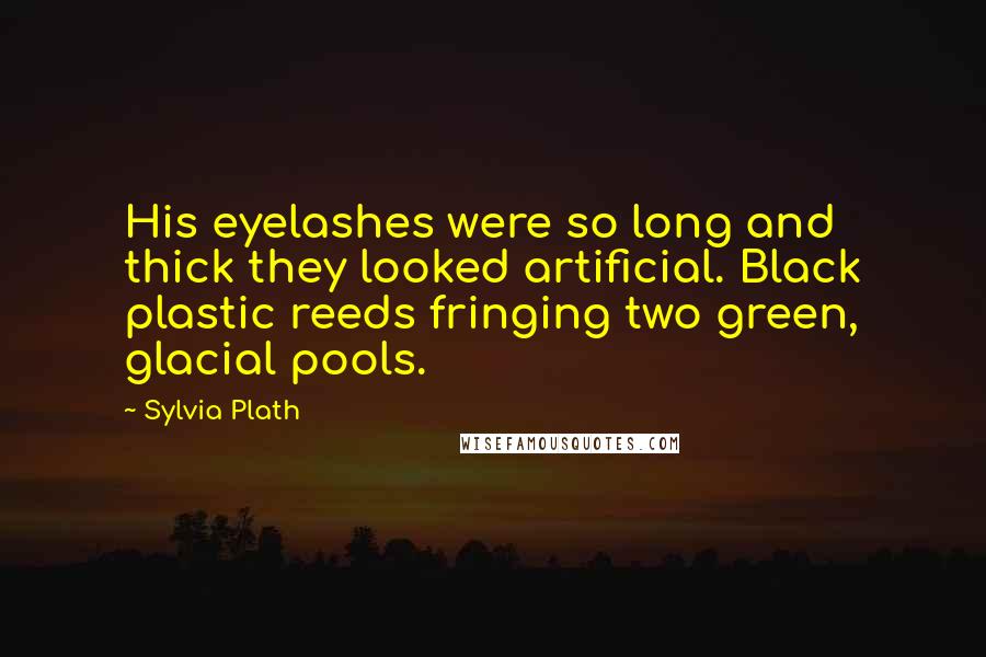 Sylvia Plath Quotes: His eyelashes were so long and thick they looked artificial. Black plastic reeds fringing two green, glacial pools.