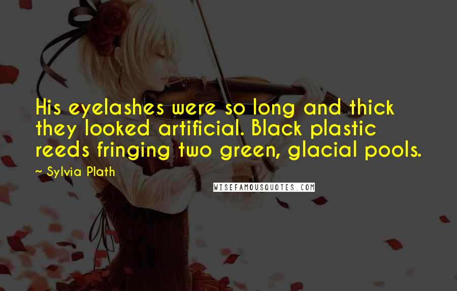 Sylvia Plath Quotes: His eyelashes were so long and thick they looked artificial. Black plastic reeds fringing two green, glacial pools.