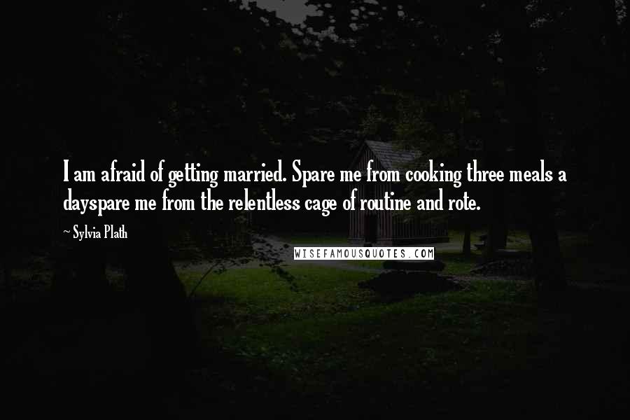 Sylvia Plath Quotes: I am afraid of getting married. Spare me from cooking three meals a dayspare me from the relentless cage of routine and rote.
