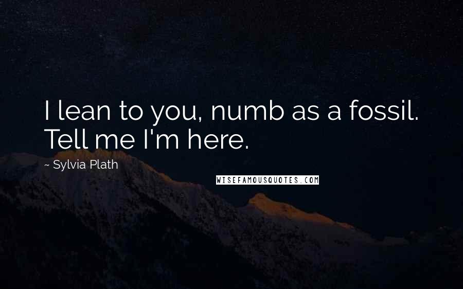 Sylvia Plath Quotes: I lean to you, numb as a fossil. Tell me I'm here.