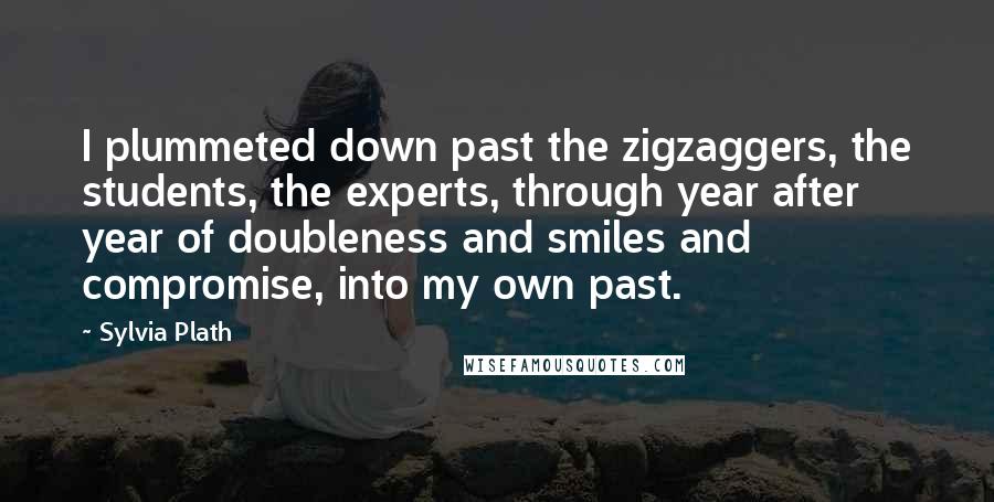 Sylvia Plath Quotes: I plummeted down past the zigzaggers, the students, the experts, through year after year of doubleness and smiles and compromise, into my own past.